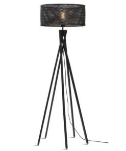 Good & Mojo Lampadaire En Bambou Abat-jour En Bambou Noir, H. 146cm