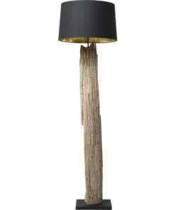 Kare Design Lampadaire En Bois Flotté Et Abat-jour En Coton Noir H171