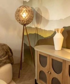 Now’s Home Lampadaire En Lin Taupe Pied En Teck H163 -Boutique Belamp lampadaire en lin taupe pied en teck h163 2