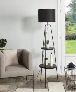 Altobuy Lampadaire En Métal Noir 2 Etagères Abat-jour En Tissu Noir -Boutique Belamp lampadaire en metal noir 2 etageres abat jour en tissu noir 1