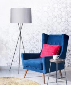 Altobuy Lampadaire Gris 160cm Piètement Trépied Métal Chromé -Boutique Belamp lampadaire gris 160cm pietement trepied metal chrome 4