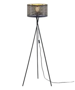 Altobuy Lampadaire Trépied En Métal Noir Abat-jour Tissu Noir Et Or -Boutique Belamp lampadaire trepied en metal noir abat jour ajoure noir et or wesley