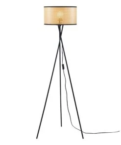 Altobuy Lampadaire Trépied En Métal Noir Abat-jour Effet Cannage