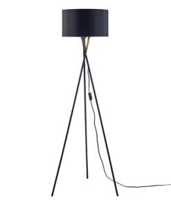 Altobuy Lampadaire Trépied En Métal Noir Abat-jour Tissu Noir Et Or