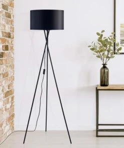 Altobuy Lampadaire Trépied En Métal Noir Abat-jour Tissu Noir Et Or -Boutique Belamp lampadaire trepied en metal noir abat jour tissu noir et or 3