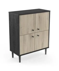 CALICOSY Petit Buffet 4 Portes L61cm - Noir/bois -Boutique Belamp petit buffet 4 portes l61cm noir bois 2